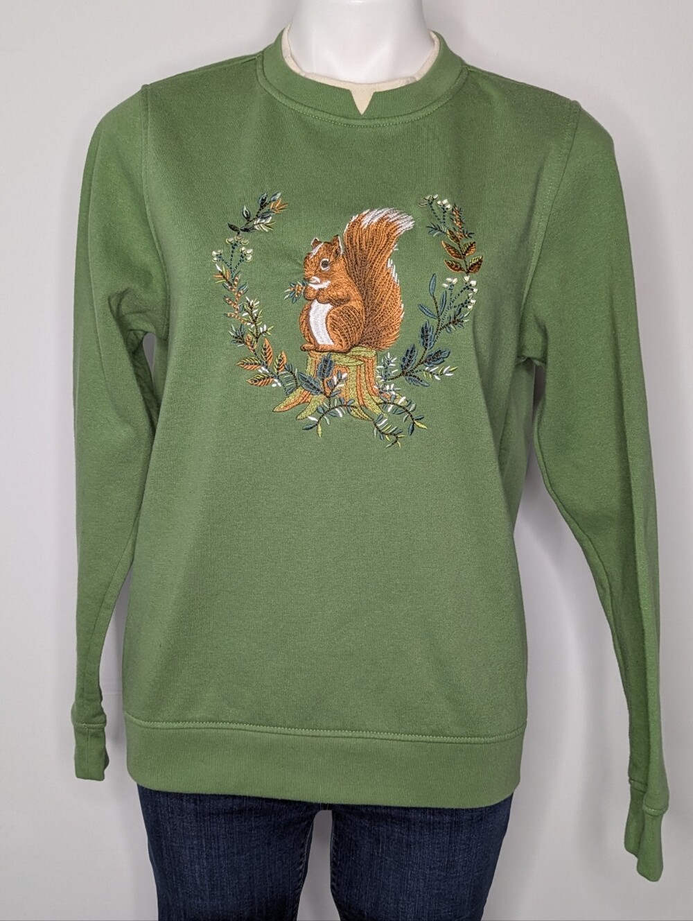 Heritage Charm Green Brown Embroidered Squirrel Long Sleeve Pullover Sweatshirt